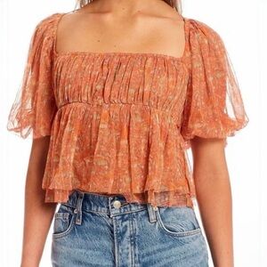 Free People Penelope Blouse Orange Floral Sheer Puff Sleeve Top Size L Boho NWOT